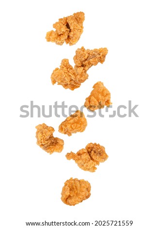 Falling of fried popcorn chicken isolated on white background. Royalty-Free Stock Photo #2025721559