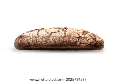 A whole loaf of black or brown bread, isolated on a white background, side view