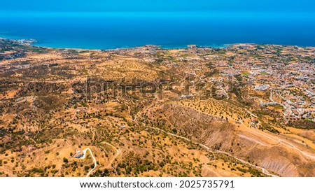 Beautiful landscape of mountains and valleys of Cyprus, aerial drone landscape photo, yellow colors of fields, postcard place, hiking and cycling tourism, troodos mountains. highlands