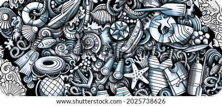 Marine hand drawn doodle banner. Cartoon vector detailed flyer. Illustration with sea life objects and symbols. Graphics horizontal background