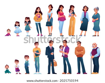 Male and female human aging and growth. Newborn and toddler, preschool and pupil, student and teenager, adult and mature person, senior man and woman on pension. Flat style cartoon character, vector Royalty-Free Stock Photo #2025750194
