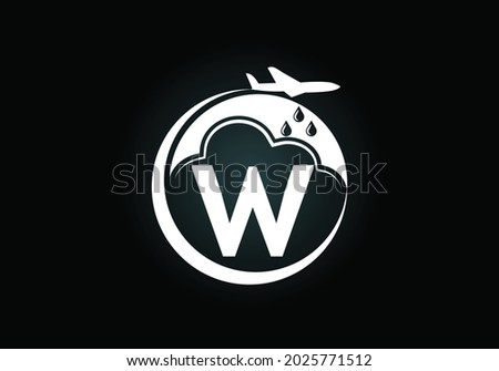 Initial W monogram alphabet with an airplane and cloud. Artificial rainmaking. Cloud seeding logo. Modern vector logo for the business, and company identity
