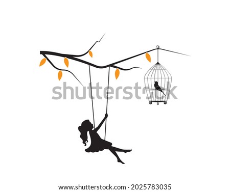 Girl on a swing on branch, vector. Girl silhouette on swing on branch and bird cage. Wall decals isolated on white background, art design, artwork. Black and white art design. Cute wall art, artwork Royalty-Free Stock Photo #2025783035