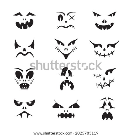 Scary Halloween faces vector set. Halloween pumpkin or ghost grimaces. Terrible eyes and mouth with a silhouette style. Emotions of skeletons for makeup, a night party.