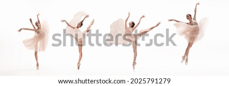Collage of portraits of one young beautiful female ballet dancer in different images dancing with silk fabric isolated on white background. Concept of art, beauty, aspiration, creativity. Royalty-Free Stock Photo #2025791279