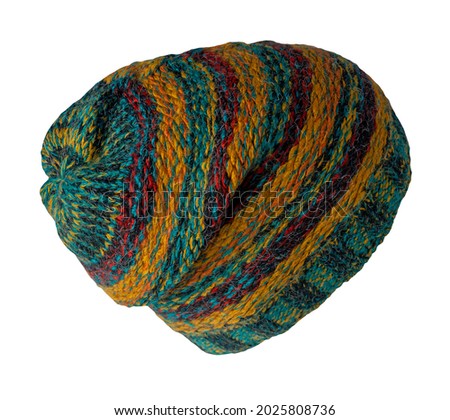 green yellow burgundy blue red  knitted hat  isolated on white background. warm winter accessory
