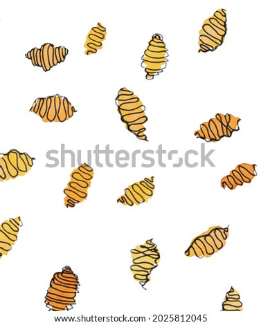 Little croissant paintings, brown chocolate and vanilla croissant aquarelle illustration on clear white background. Perfect cute bakery pastry background pattern. Bakery hand drawn doodle collection.
