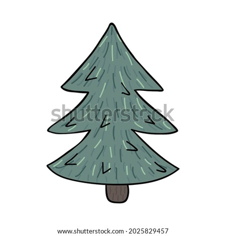 Christmas tree in warm colors with stylized needles. Hygge holiday tree for stickers, planners, scrap elements, social media. Vector illustration with hand drawn doodle outline isolated on background.