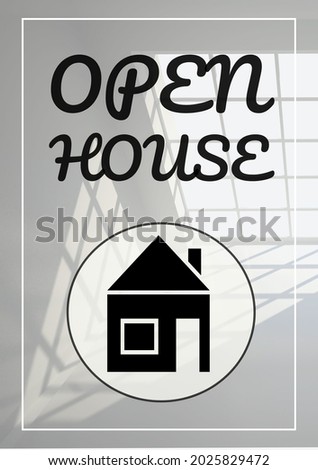 Composition of open house text and house icon over empty room with window. property business promotional communication digitally generated image.