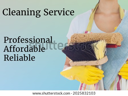 Composition of cleaning services text and woman holding broom over green background. cleaning business promotional communication concept digitally generated image.