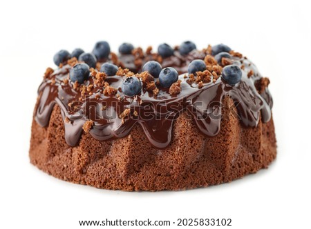 freshly baked chocolate cake decorated with melted chocolate sauce and fresh blueberries isolated on white background