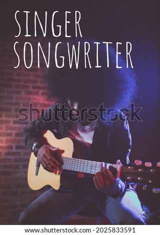 Composition of music event text over man playing guitar. event promotional communication concept digitally generated image.