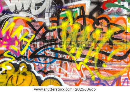 Beautiful street art graffiti. Abstract creative drawing fashion colors on the walls of the city. Urban Contemporary Culture Royalty-Free Stock Photo #202583665