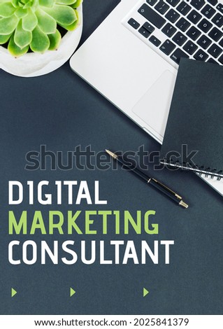 Composition of marketing services text over laptop, notebook, pen and plant on table. marketing services promotional communication concept digitally generated image.