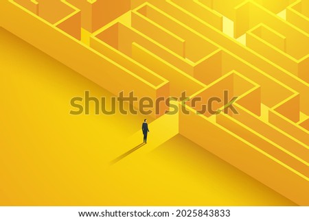 Businessman stands in front of the entrance to a large complex labyrinth. With challenges, decide to solve business problems, overcome the maze. and found success. Vector  illustration. Royalty-Free Stock Photo #2025843833