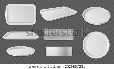 Round and square trays. Realistic plastic serving tray, different angles view, single objects and stacks, 3d white food stands mockup, empty dinner containers, vector isolated set Royalty-Free Stock Photo #2025857231
