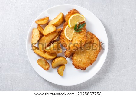 chicken schnitzel with idaho potatoes on a white plate and a grey background, horizontally, top view Royalty-Free Stock Photo #2025857756
