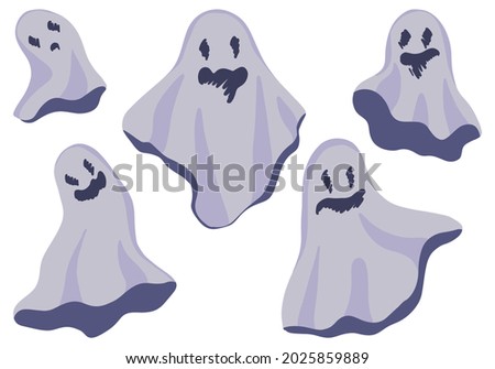 Collection of pretty ghosts. Hand drawn cartoon vector illustrations set. Colored flat cliparts isolated on white. Elements for halloween design, prints, decoration, cards, stickers, wrap.