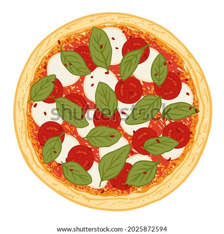 Pizza topped with tomato sauce, mozzarella cheese, tomatoes and basil. Vector illustration of hand drawn Margherita pizza. 