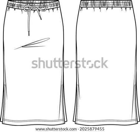 Vector midi sweatskirt with elasticized waistband fashion CAD, woman jersey or woven fabric  skirt with side slits technical drawing, flat, sketch, template, mock up. Front back view, white color Royalty-Free Stock Photo #2025879455