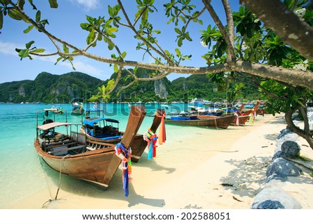 Long tail boats in Phi Phi Island, Krabi, Thailand. Royalty-Free Stock Photo #202588051