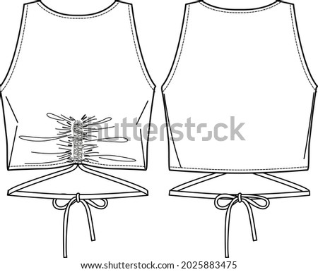 Vector summer tank top fashion CAD, sleeveless woman crop top with drawstring detail technical drawing, sketch, template, flat. Jersey or woven fabric blouse with front, back view, white color Royalty-Free Stock Photo #2025883475