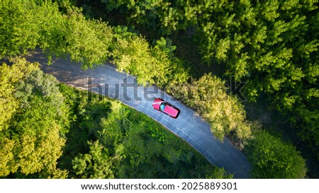 A vivid red wedding car on the way road alone to the wedding ceremony across a lively green fresh forest with deciduous trees Royalty-Free Stock Photo #2025889301