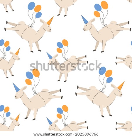 Birthday party llama in a cap flies on ballons seamless pattern with funny lamas alpacas for cover, wrapping paper, background vector illustration