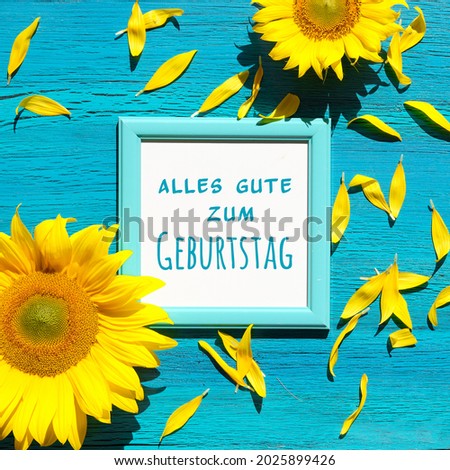Text Alles Gute zum Geburtstag means Happy Birthday in German language. Yellow sunflower flowers and petals scattered on vibrant textured turquoise wooden background around white frame with greeting