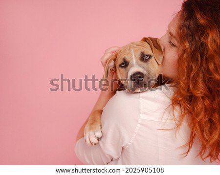 beautiful redhead woman with Cute puppy American Staffordshire Terrier have good relationships, isolated over pink background. Concept of care, education, obedience training, raising pets