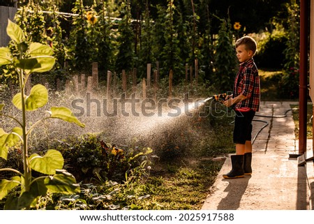 The boy is watering the garden bed using a hose Royalty-Free Stock Photo #2025917588
