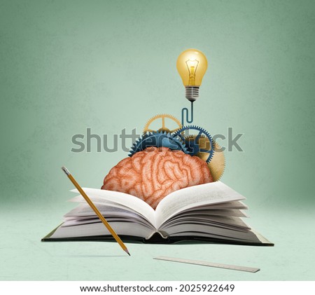 Art collage with a brain, stack of books, gears and a light bulb. Library, education, new idea. Concept Royalty-Free Stock Photo #2025922649