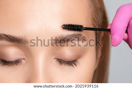 Makeup artist combs  and plucks eyebrows after dyeing in a beauty salon.Professional makeup and cosmetology skin care. Royalty-Free Stock Photo #2025939116