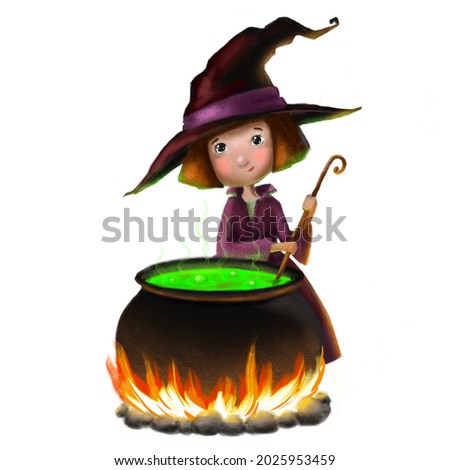 cute little witch with caldron, halloween children's illustration with funny cartoon character good for card design and holiday decoration