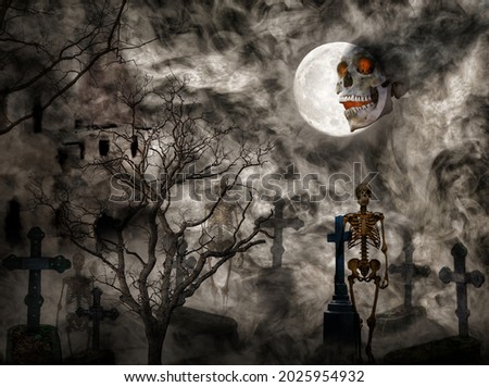 cemetery with dark bare trees and tombstones under full moon at night