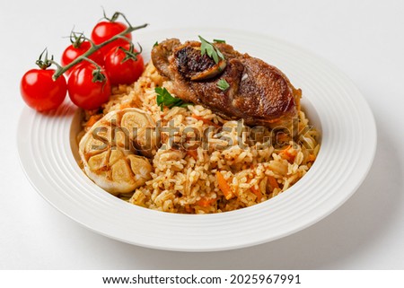 Traditional Pilaf With Lamb, Vegetables, Spices On White Background. 