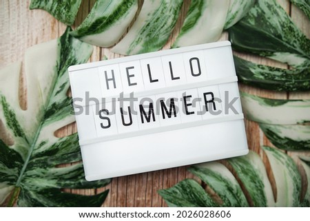 Hello Summer word in lightbox with Monstera leave decoration on wooden background