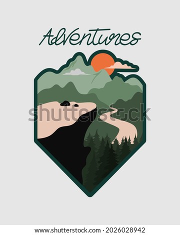 simple vector illustration mountain background with adventures text