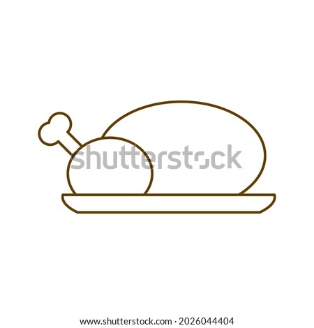 Isolated roasted turkey or chicken on a plate. Outline icon in the white background. Flat outline style illustration.