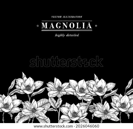 Hand Drawn Floral Botany Collection. Magnolia Flower Drawings. Line Art on Black Backgrounds. Hand Drawn Engraving Botanical Vector Illustrations.
