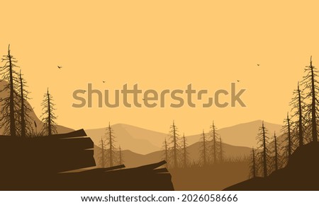 Realistic view of mountains with forest in the evening from the outskirts of the city. Vector illustration of a city