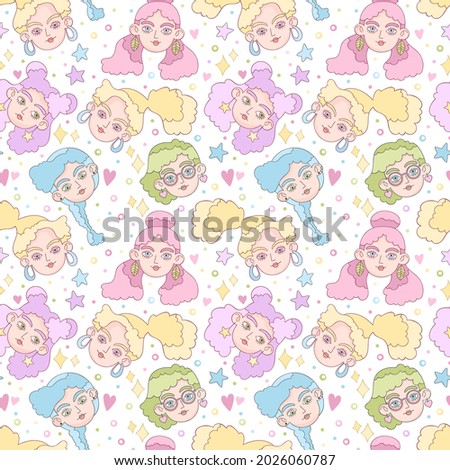Beautiful girl. Cartoon character. Crazy hairstyle model art. Hearts, stars, dots and sparkles. Seamless vector pattern (background). 