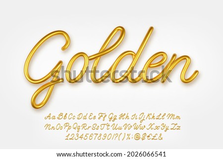 Gold 3d realistic capital and lowercase letters, numbers, symbols and currency signs isolated on a light background. Vector illustration. Royalty-Free Stock Photo #2026066541