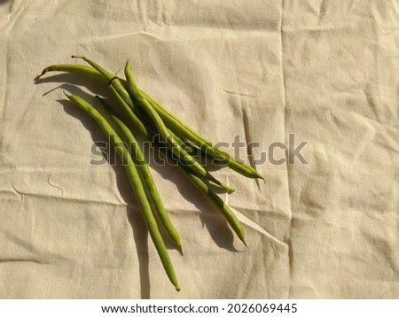 photo of green beans on a white background. Suitable for print media, and electronic media with themes about cooking, nutrition, vegetables, or green beans. Can also be used for commercial use