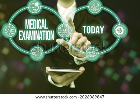 Hand writing sign Medical Examination. Conceptual photo Checkup carried out to determine the physical fitness Lady In Uniform Holding Tablet In Hand Virtually Tapping Futuristic Tech.
