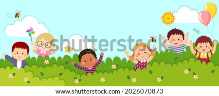 Vector horizontal banners with happy kids standing behind the bushes in paper cut style. Happy Children’s day background with place for text. Royalty-Free Stock Photo #2026070873