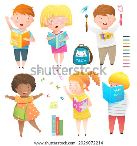 Kids collection isolated clipart, studying, laughing, reading books and drawing. Happy children watercolor style clip art bundle, kindergarten, preschooler or school boys and girls. 