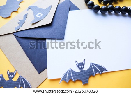 halloween postcard mockup.  flat lay composition with halloween decorations. Party invitation mockup