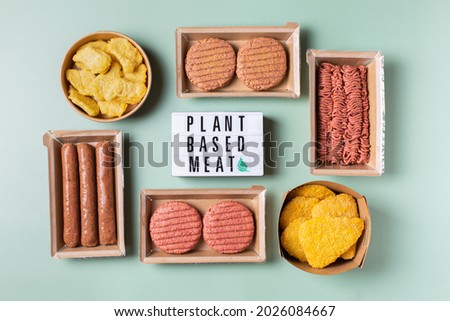 Variety of plant based meat, food to reduce carbon footprint Royalty-Free Stock Photo #2026084667