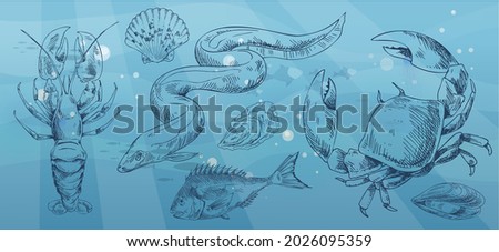 Food set, seafood, dish ingredients. Fish restaurant menu assortment. Silhouettes of tuna, lobster, oyster, mussels, shrimps on blue background. Hand drawn fish products, seafood recipe ingredients